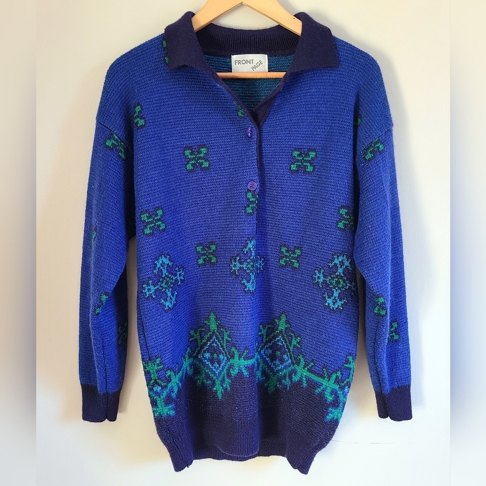 Vintage blue metallic collared sweater‎